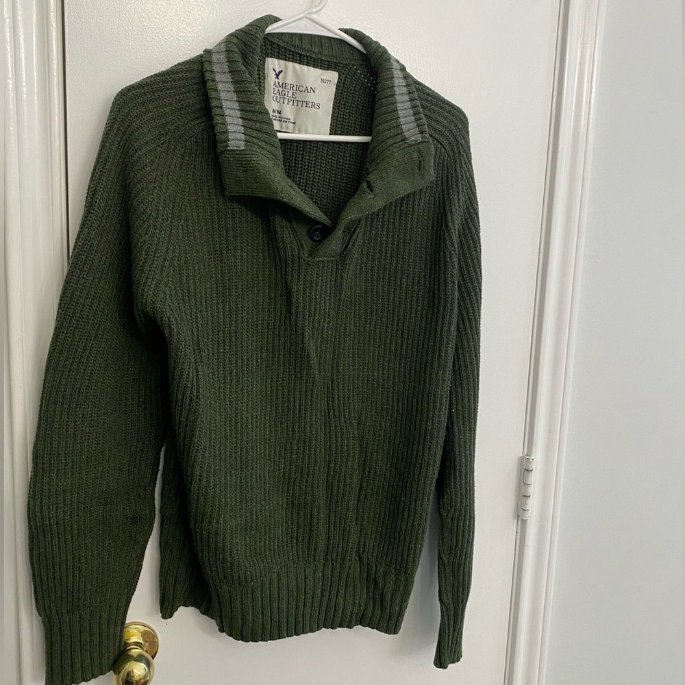 American Eagle Men’s Shawl Collar Sweater 🧥 army Green Ribbed Pullover | Size M